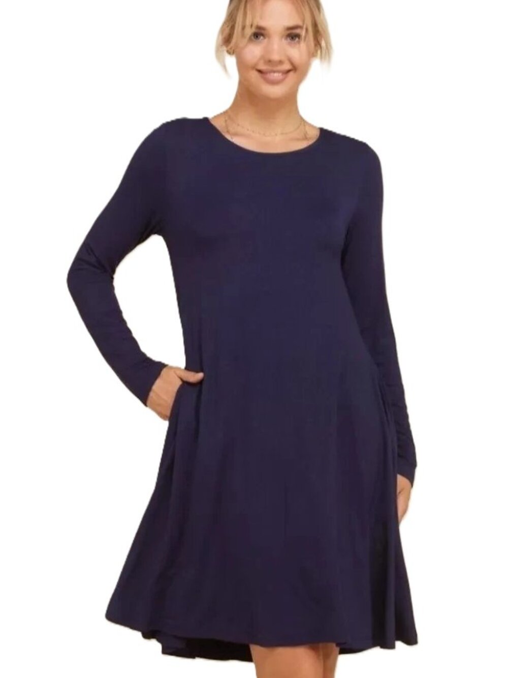 Annabelle Women’s Midi Swing Dress 2X Long Sleeve A-line Flowy Pockets Blue